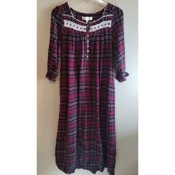 Eileen West Dark Pink Plaid 3/4 Sleeve Lace Ruffle Pockets Flannel Nightgown S - Picture 2 of 16